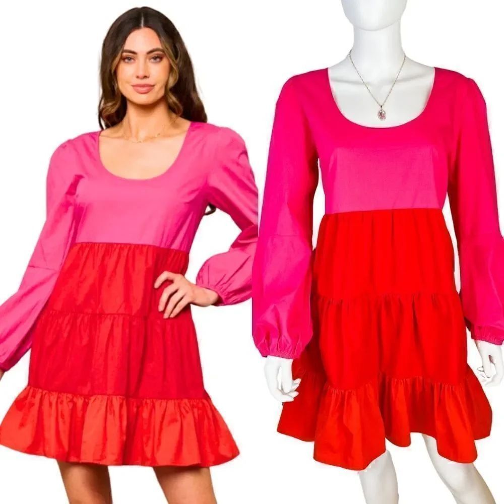 Pink and Red Babydoll Tiered Dress